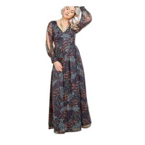 ModCloth Floral Chiffon Maxi Dress with Sheer Sleeves and Metallic Thread XS